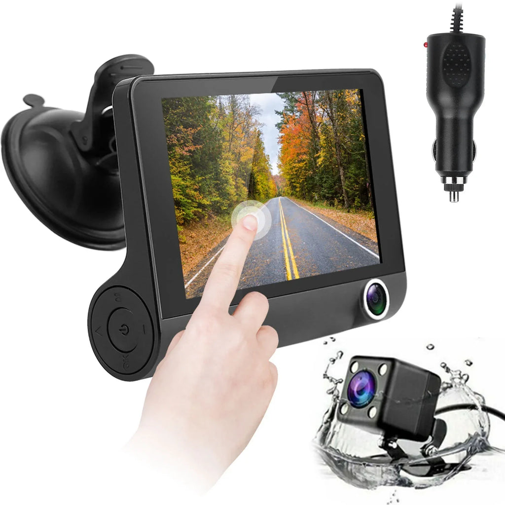 iMounTEK Dashboard Camera FHD 1080P 4in Touch Screen Car DVR Dash Camera 3 Lens Vehicle Driving Recorder Seamless Loop Recording with 19.68ft Rear Camera Wire, Black