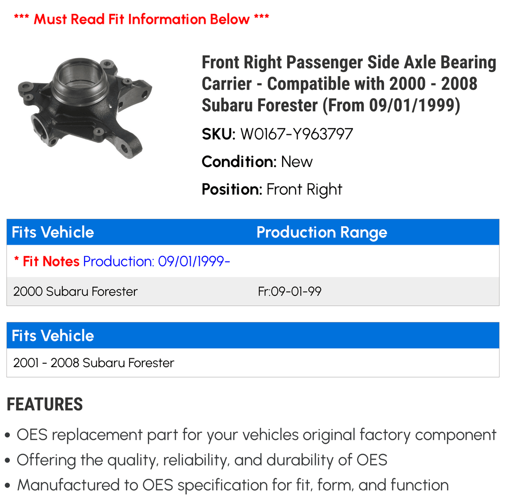 Front Right Passenger Side Axle Bearing Carrier - Matching with 2000 - 2008 Subaru Forester (From 09/01/1999) 2001 2002 2003 2004 2005 2006 2007