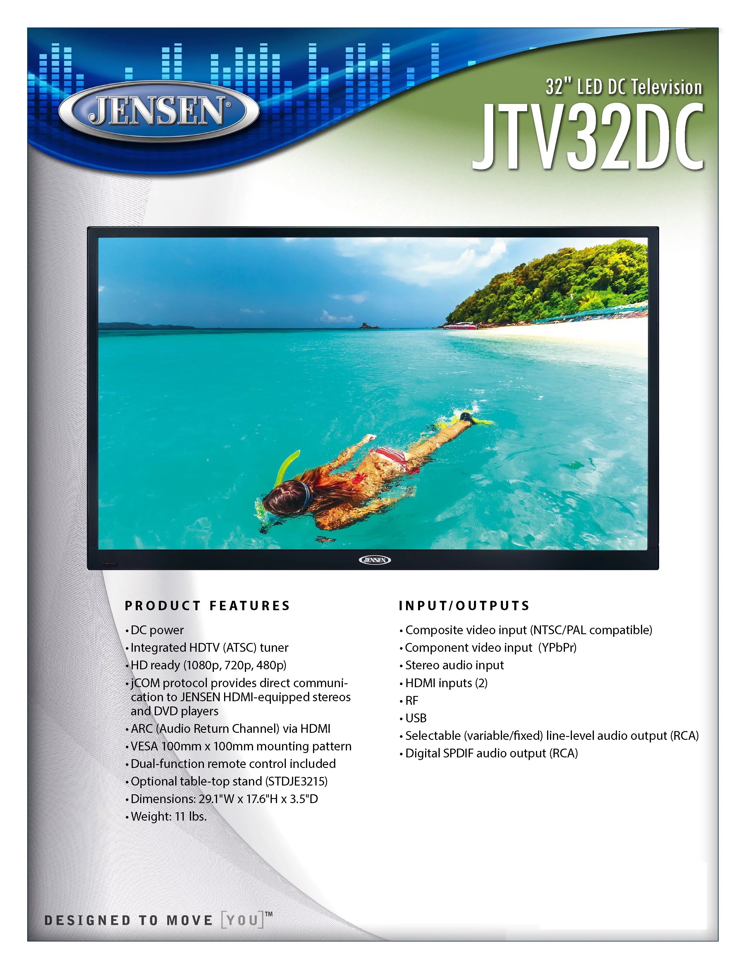 JENSEN JTV32DC HD Ready 32" Inch LED TV with Integrated HDTV (ATSC) Tuner, HD ready (1080p, 720p, 480p), 12V DC, specially built for Ship Yacht, RV Recreational Vehicle, Trailer, Camper, Motor Home