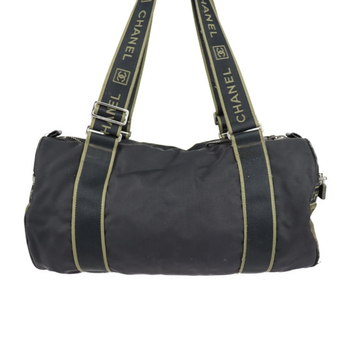 Pre-Owned CHANEL Chanel Sport Line Boston Bag Nylon Canvas Black Khaki Green Shoulder Travel Cocomark 10 Series Round Cylindrical (Fair)