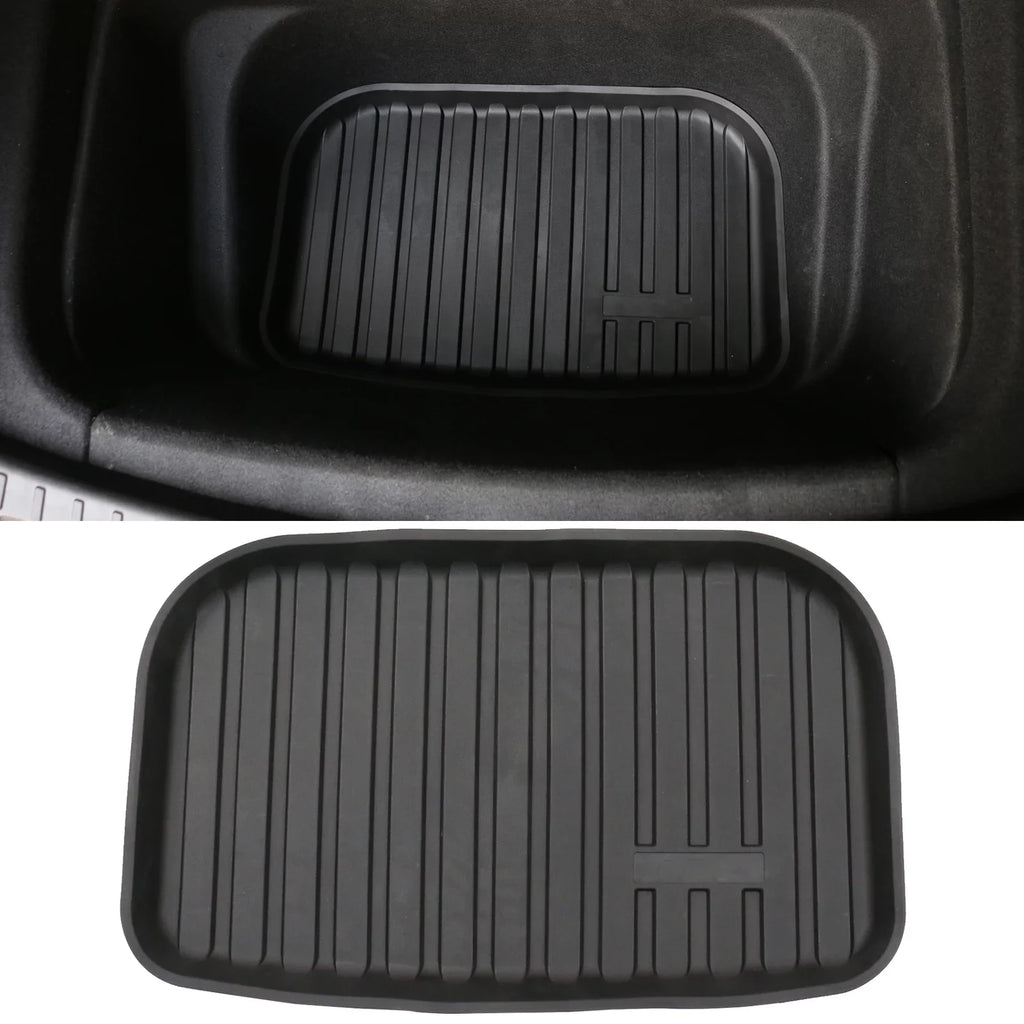 Ikon Motorsports Trunk Mats + Protector Backrest Shield Matching with 2020-2023 Tesla Model Y Black Injection TPE All Condition Waterproof Anti-Slip Frunk Trunk Under Cargo Storage Liner Mat