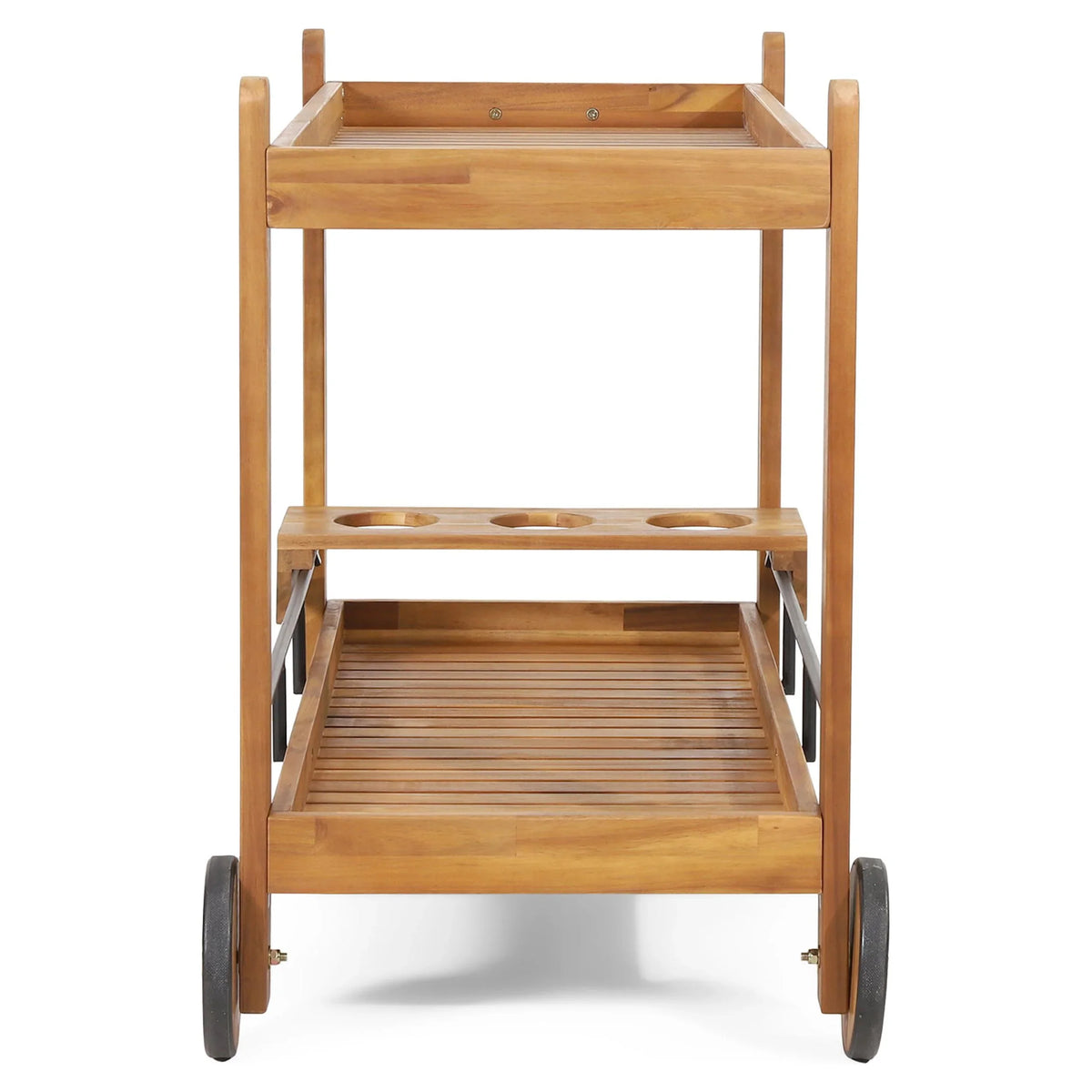 GDF Studio Bonneau Outdoor Acacia Wood 2 Tiered Bar Cart with Bottle Holders, Teak and Black