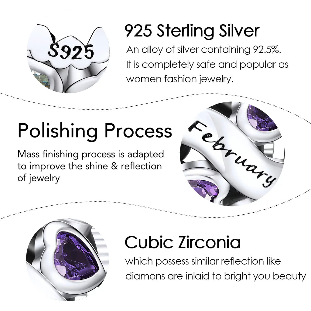 NINGAN February Birthstone Charms for Pandora Bracelets 925 Sterling Silver Love Heart Openwork Bead Charms