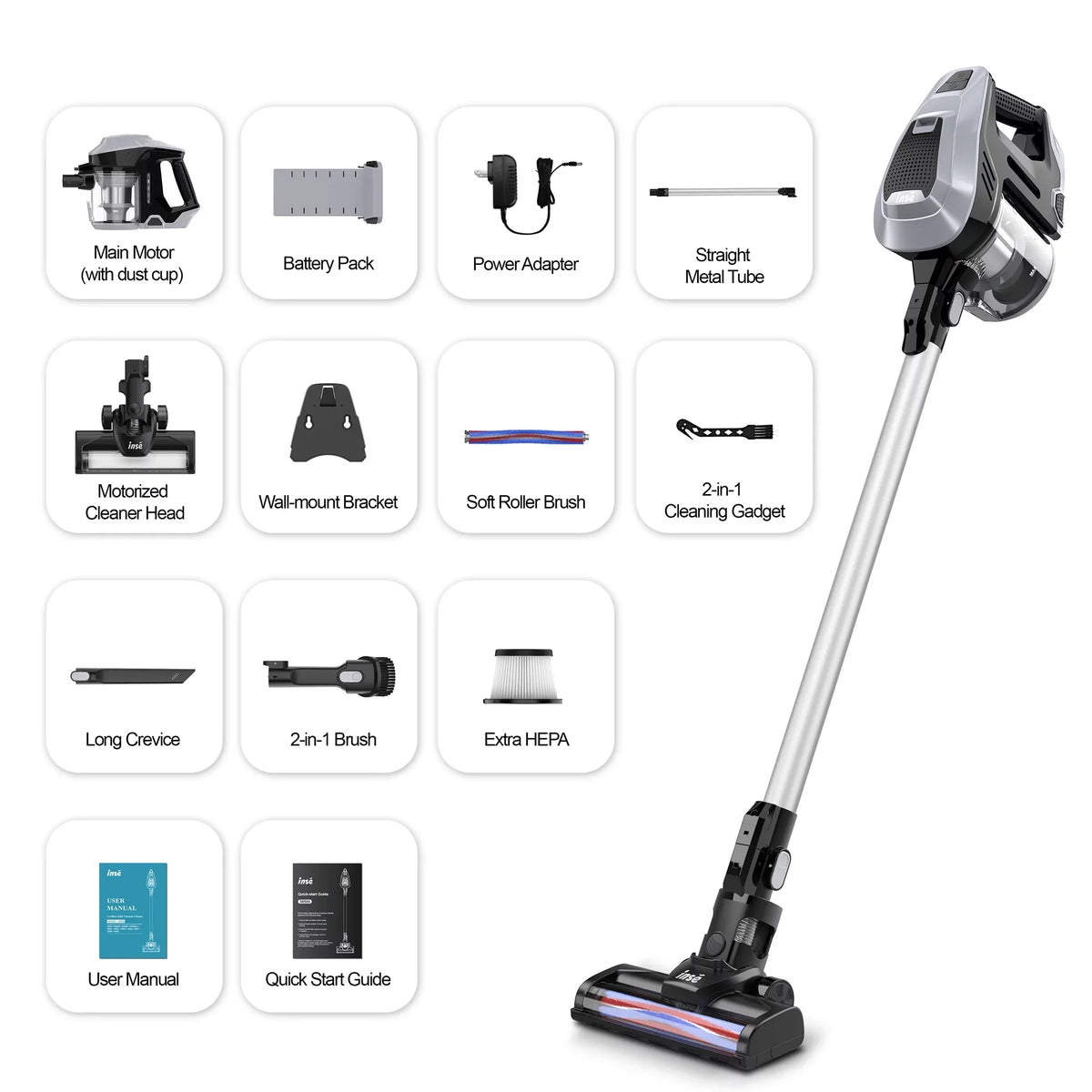 INSE Cordless Vacuum Cleaner, 15Kpa 180W Powerful Suction Stick Vacuum Cleaner, Up to 40min Runtime, 3 in 1 Handheld Vacuum Cleaner for Thin Carpet Hard Floor Pet Hair