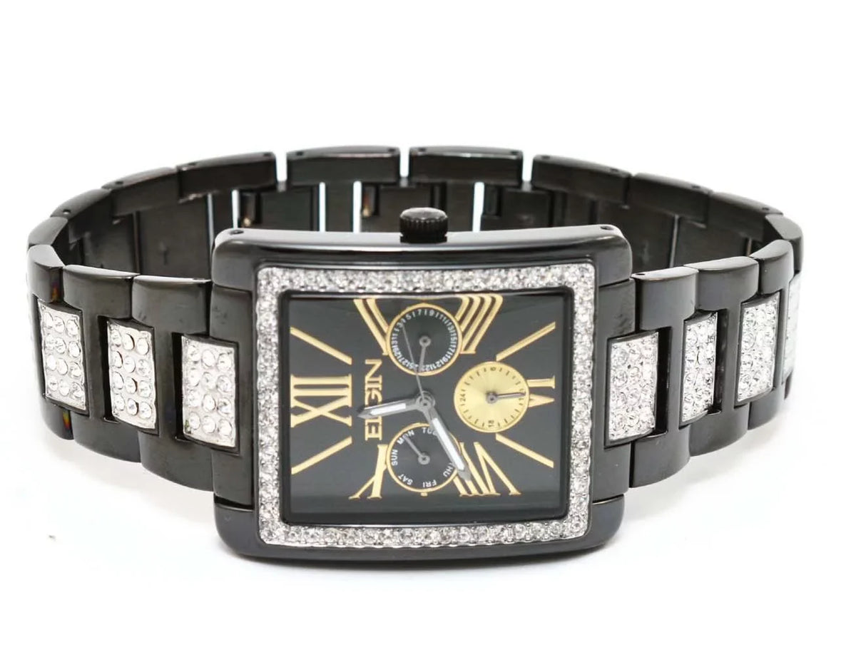 New Elgin Men`s Black IP Crystal Band & Dial Multifunction Quartz Watch FG10003