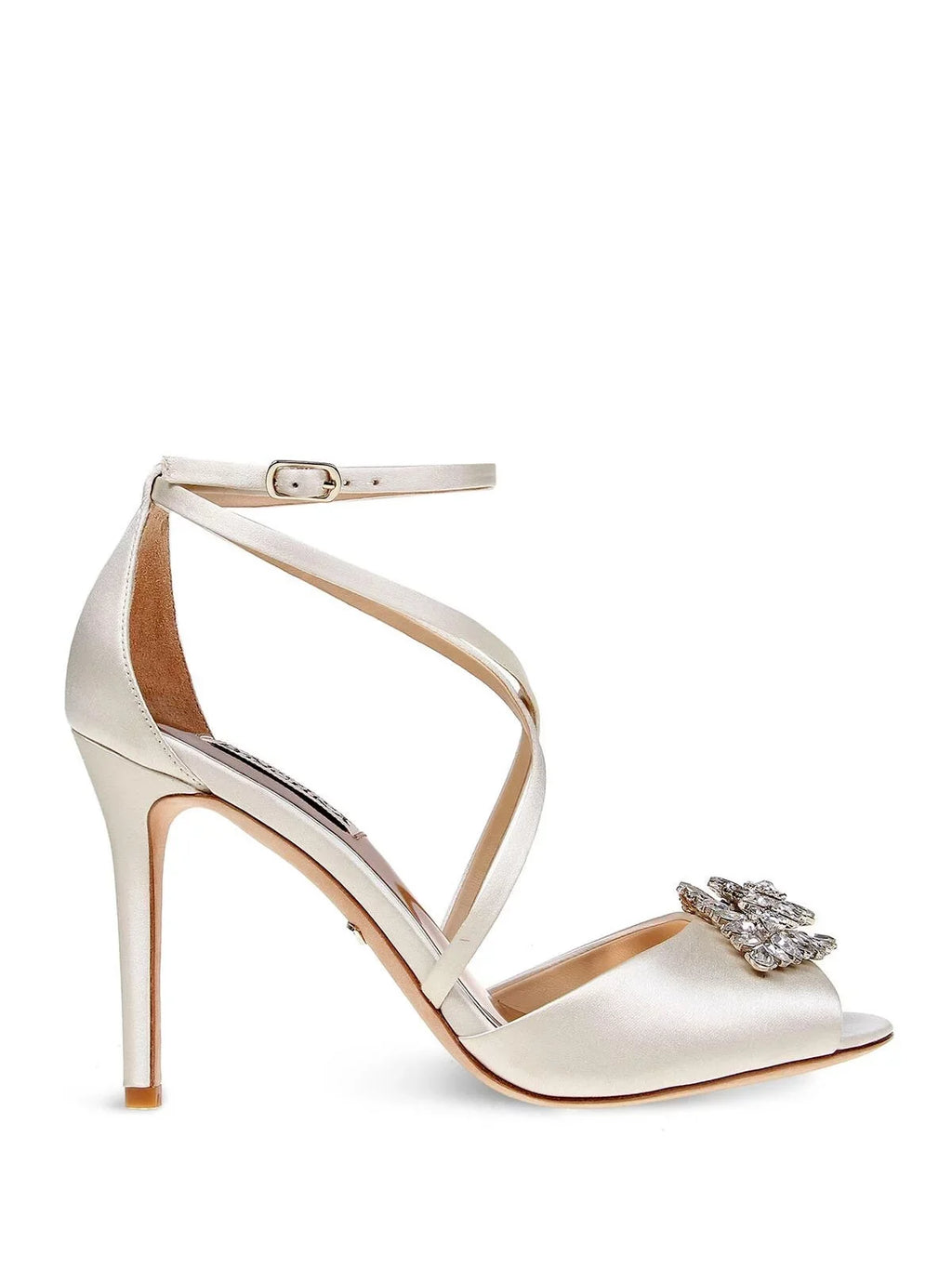 BADGLEY MISCHKA Womens Ivory Satin Beige Cushioned Footbed Dustbag Embellished Ankle Strap Tatum Open Toe Stiletto Clasp Dress Heeled Gladiator Sandal 10