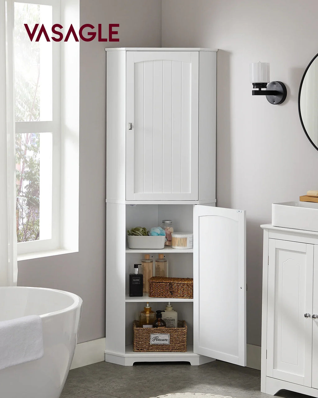 VASAGLE Floor Cabinet Bathroom Storage Cabinet with 2 Doors and 4 Adjustable Shelves Tall Corner Cabinet Modern Farmhouse Design, White