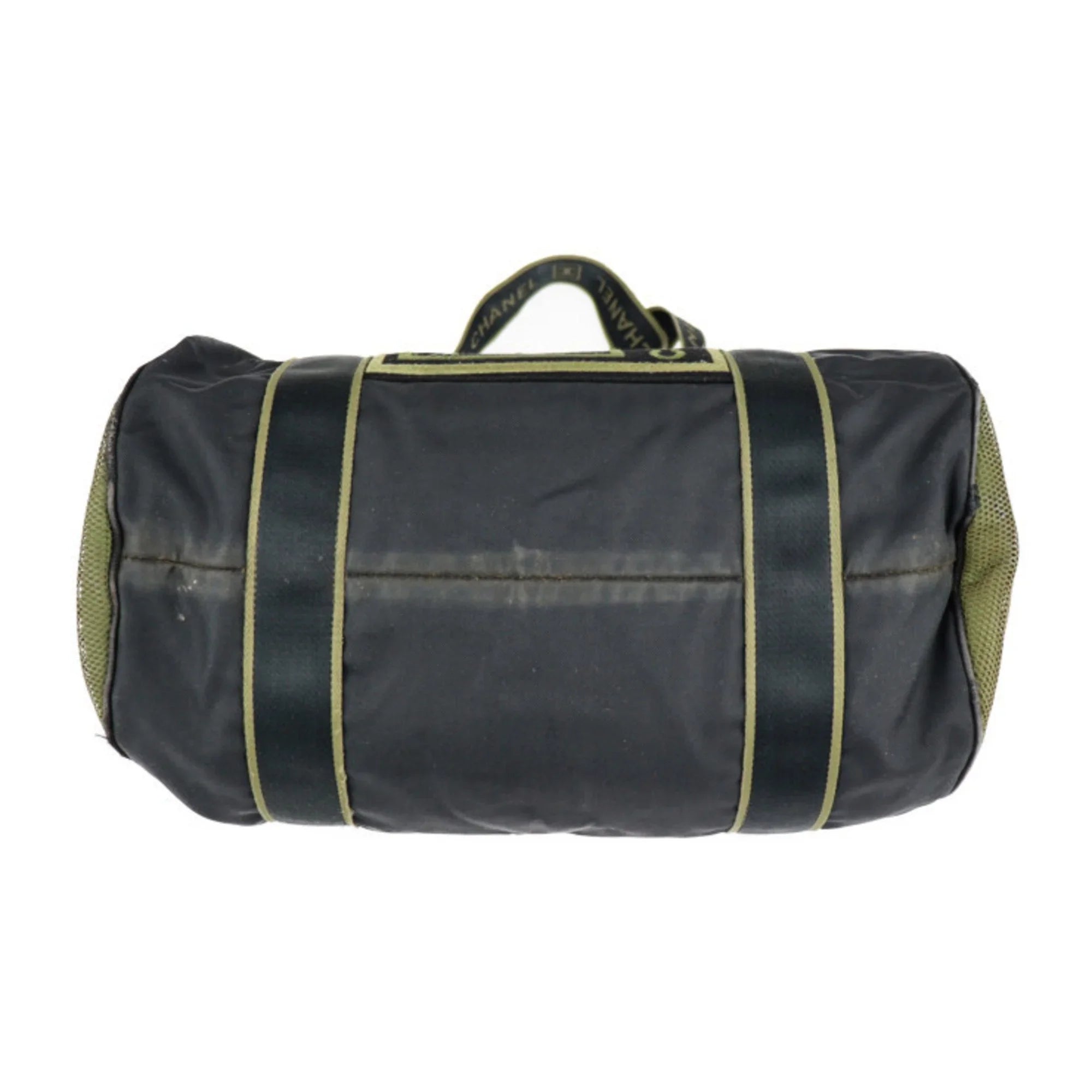 Pre-Owned CHANEL Chanel Sport Line Boston Bag Nylon Canvas Black Khaki Green Shoulder Travel Cocomark 10 Series Round Cylindrical (Fair)