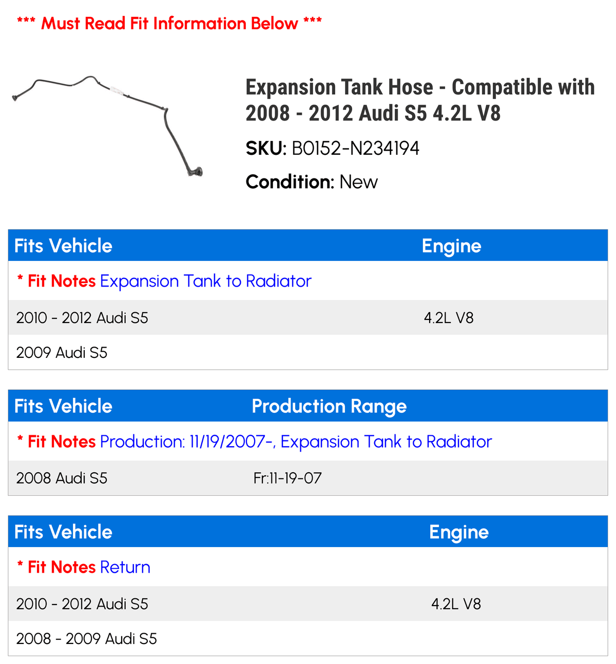 Expansion Tank Hose - Suitable with 2008 - 2012 Audi S5 4.2L V8 2009 2010 2011