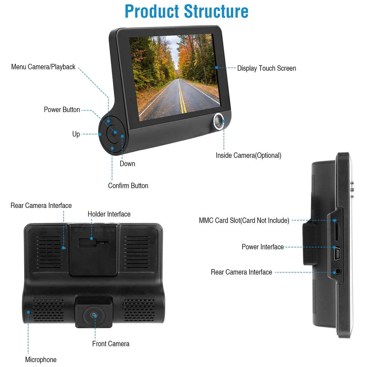 iMouTEK 1080P Touch Screen Car Dash 4in Cam Dash Camera Front and Rear Camera with G-Sensor Loop Recording Motion Detection