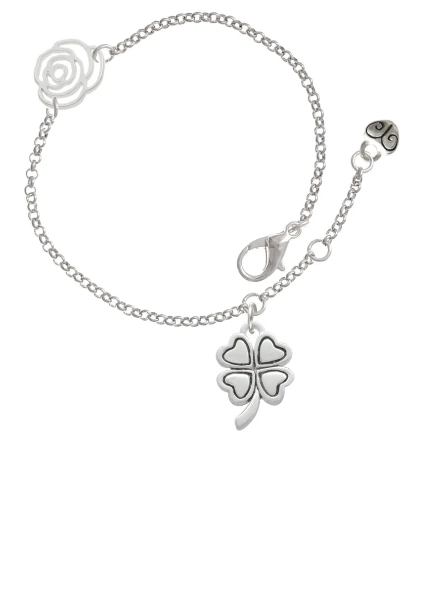 Delight Jewelry Silvertone Antiqued Four Leaf Clover Silver-tone Rose Link Chain Bracelet, 6.25"+1.75" Extender