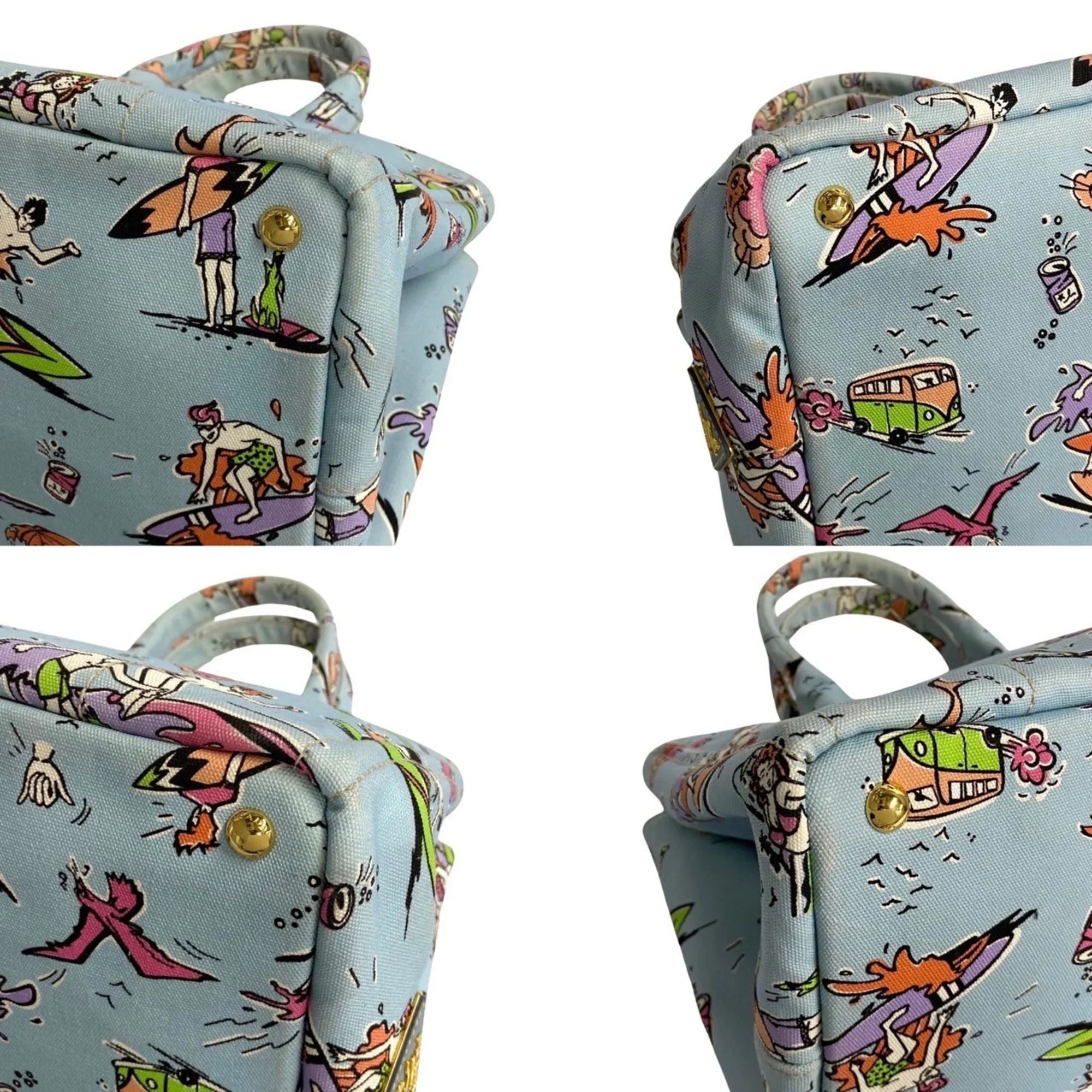 Pre-Owned PRADA Prada Triangle Canapa Surfing Pattern Canvas Handbag Tote Bag Blue Multicolor 25905 (Good)