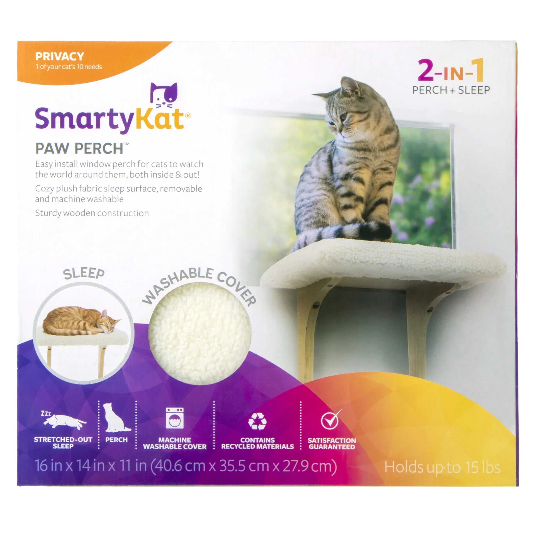 SmartyKat Paw Perch Padded Self-Adhesive Windowsill Mounted Cat Perch & Plush Wrap Cream
