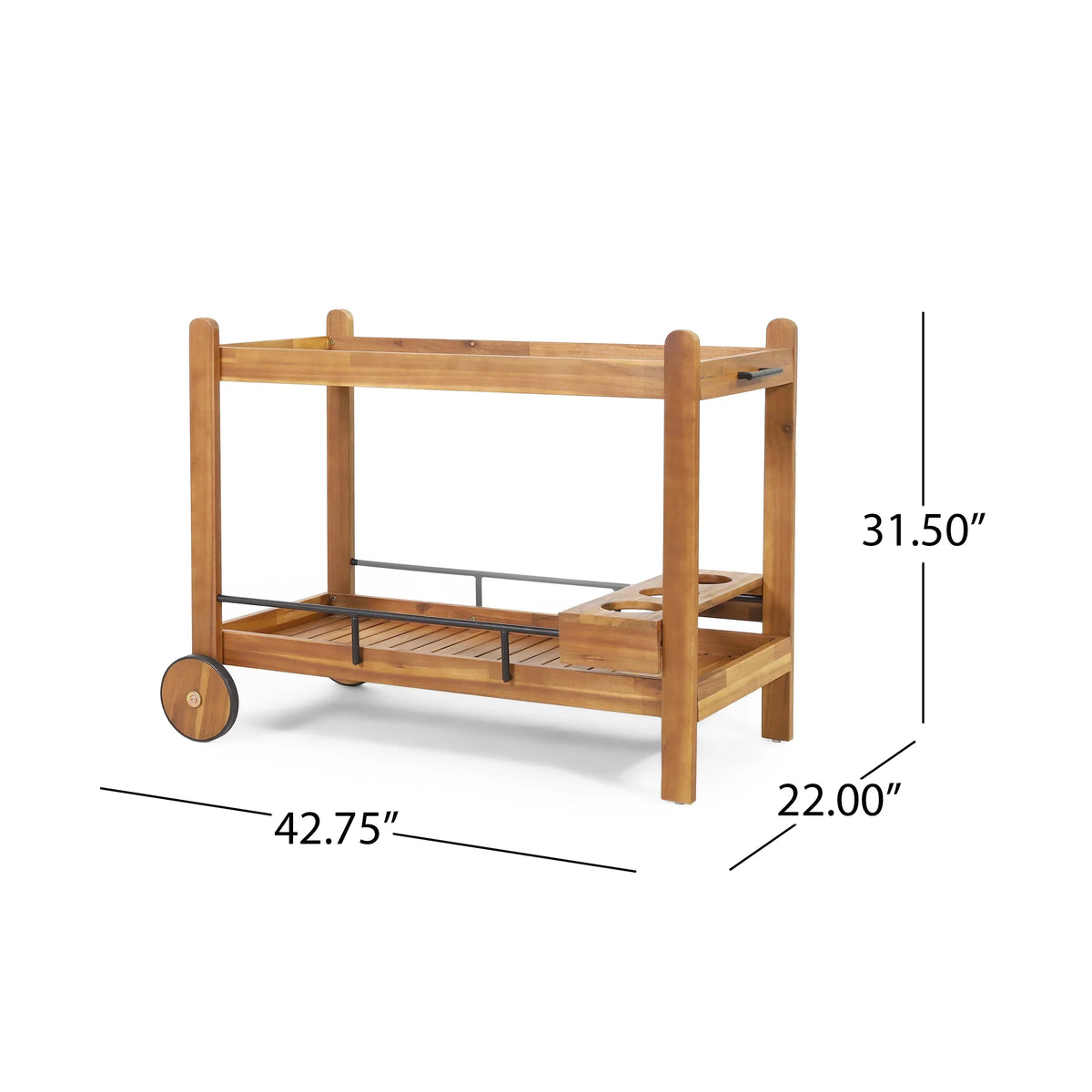 GDF Studio Bonneau Outdoor Acacia Wood 2 Tiered Bar Cart with Bottle Holders, Teak and Black