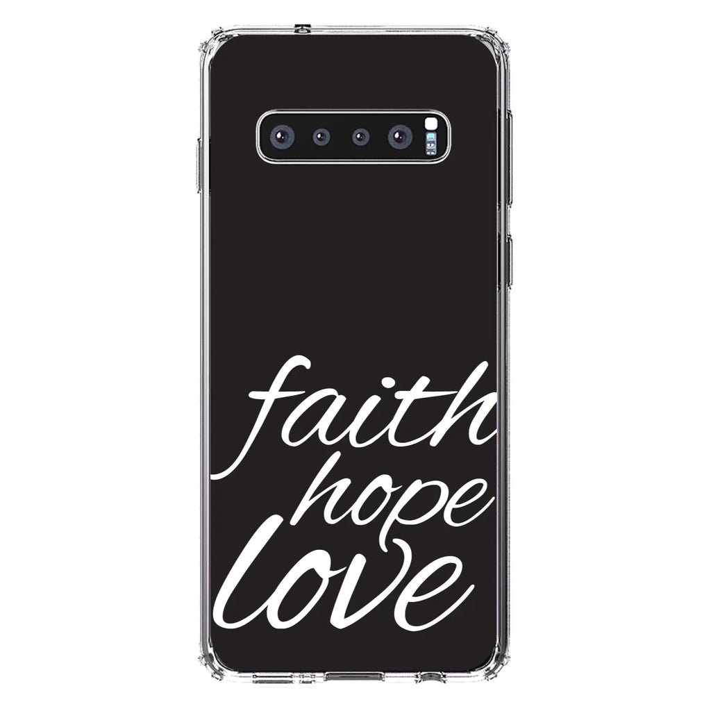 DistinctInk Clear Shockproof Hybrid Case for Samsung Galaxy S10 (6.1" Screen) - TPU Bumper, Acrylic Back, Tempered Glass Screen Protector - Faith / Hope / Love - Black & White - Christ