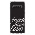 DistinctInk Clear Shockproof Hybrid Case for Samsung Galaxy S10 (6.1" Screen) - TPU Bumper, Acrylic Back, Tempered Glass Screen Protector - Faith / Hope / Love - Black & White - Christ