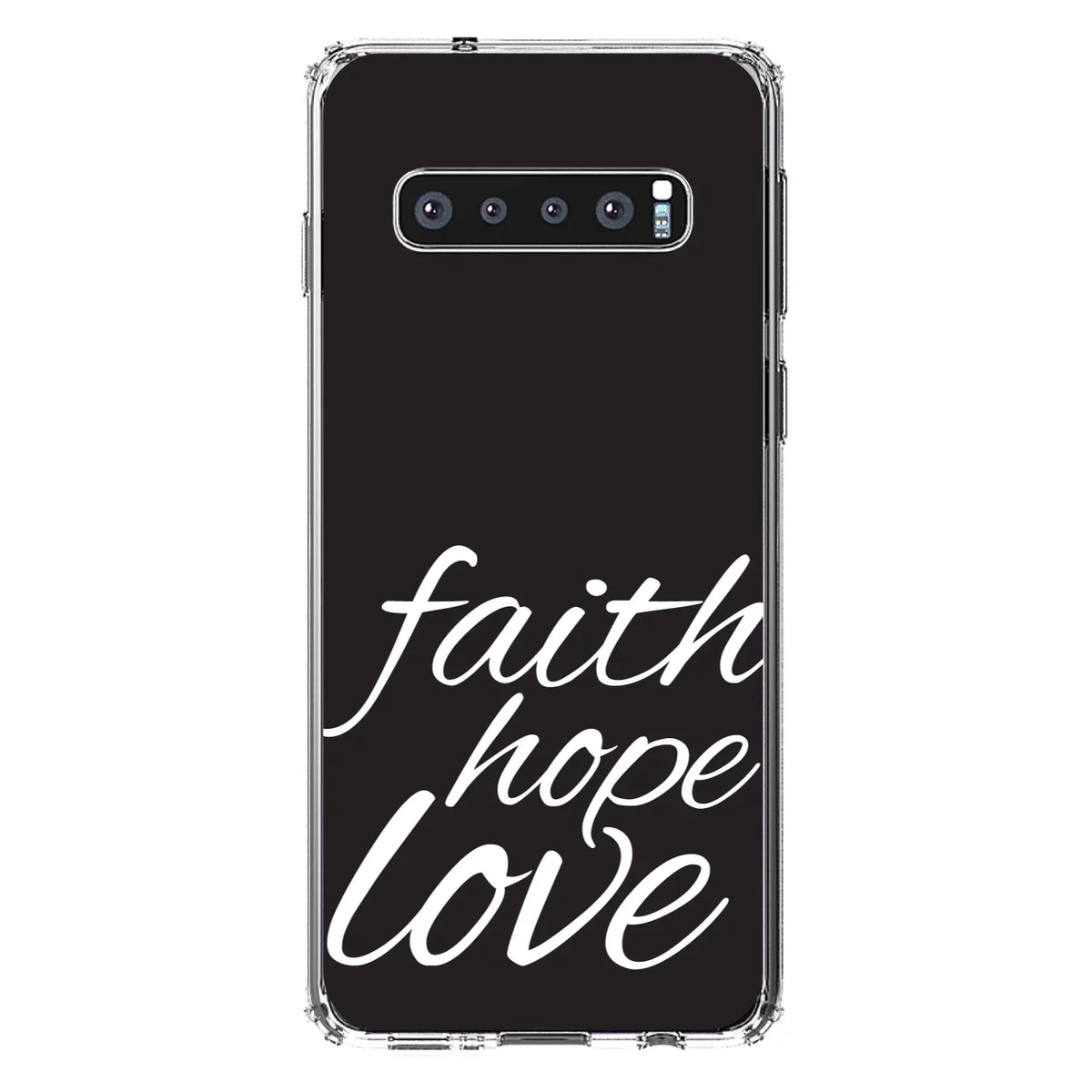 DistinctInk Clear Shockproof Hybrid Case for Samsung Galaxy S10 (6.1" Screen) - TPU Bumper, Acrylic Back, Tempered Glass Screen Protector - Faith / Hope / Love - Black & White - Christ