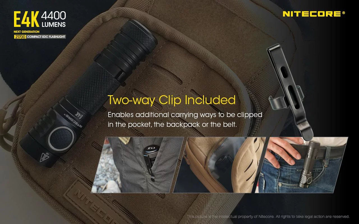 NITECORE E4K Next generation 21700 Compact EDC Flashlight -4400 Lumens - 1x NITECORE 21700 Rechargeable Li-ion Battery Included w/Eco-Sensa USB Fast 3Amp Wall Charger