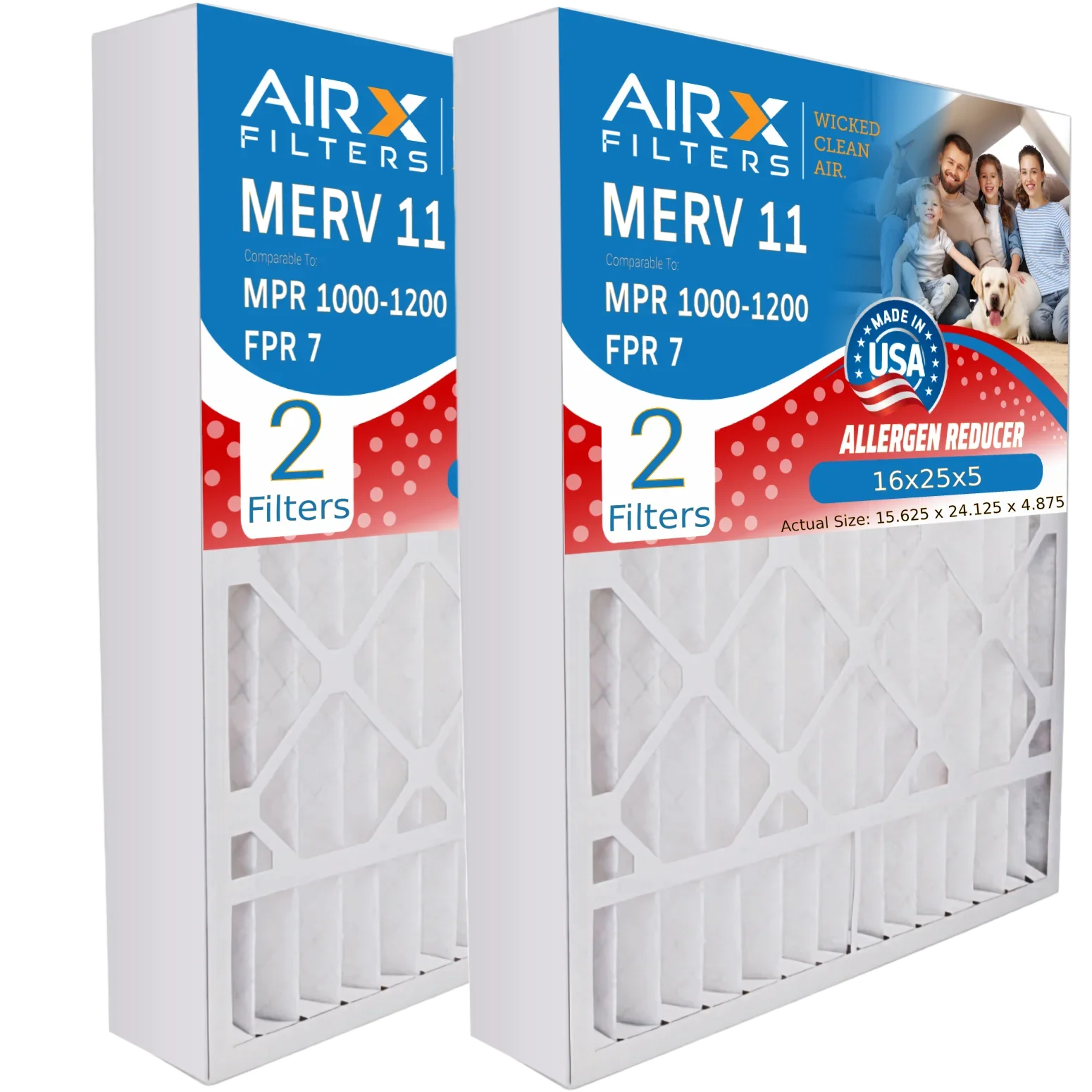 16x25x5 Air Filter MERV 11 Comparable to MPR 1000, MPR 1200 & FPR 7 Suitable with Air Bear 255649-105 Premium USA Made 16x25x5 Furnace Filter 2 Pack by AIRX FILTERS WICKED CLEAN AIR.