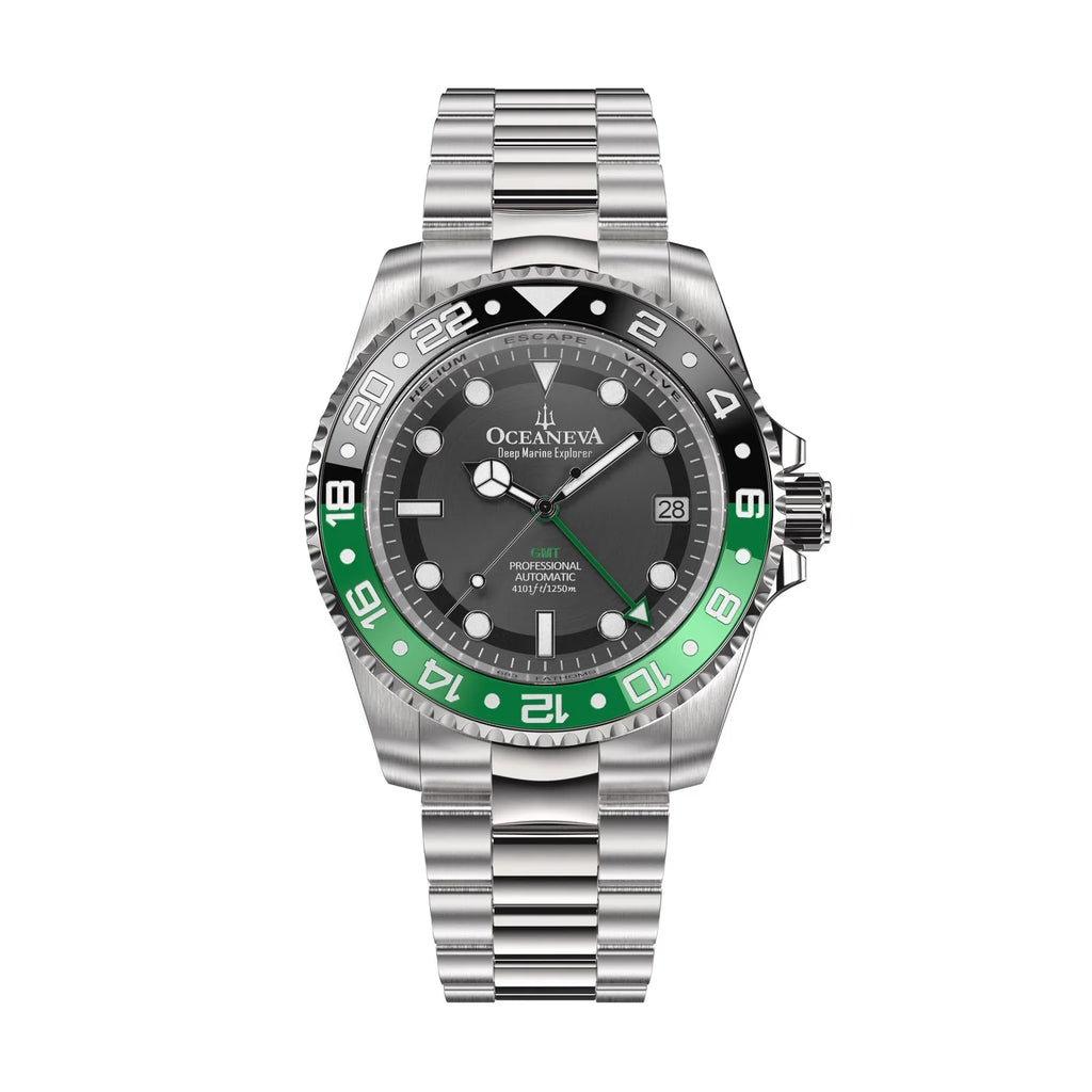 Oceaneva™ GMT Deep Marine Explorer Pro Diver Black Green Bezel Watch - Screw Down with Triple Seal Case Back - 1250M Water Resistance - Japan Automatic Movement Dive Swimming Wrist Watches For Men