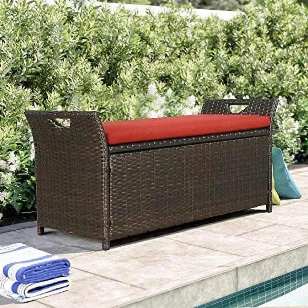 YPZBBOOM Outdoor Deck Box Patio Wicker Bench Rattan Bins with Cushion (Red)