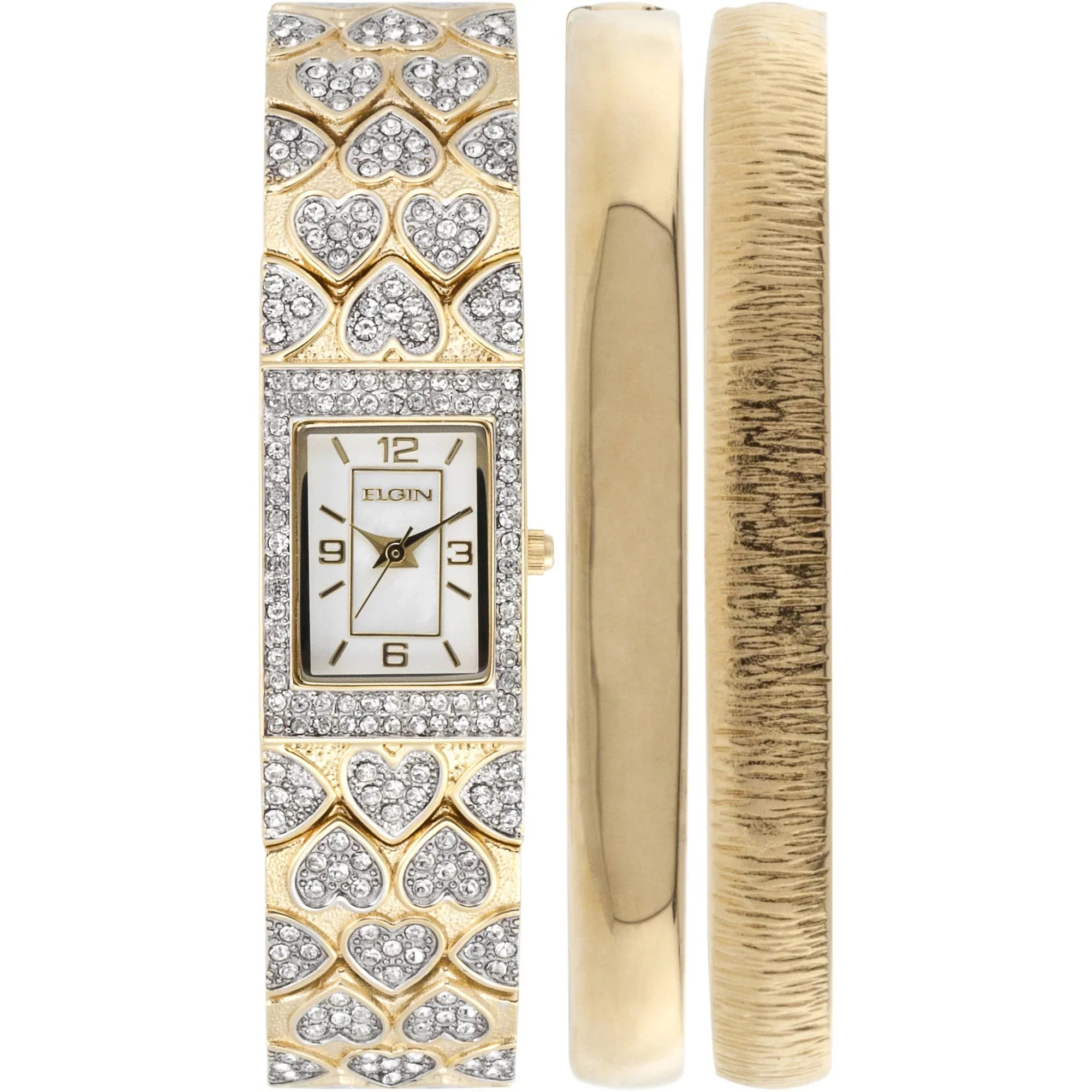Elgin Adult Female Gold-Tone White MOP Round Crystal Double Bangle Watch Set (EG8012ST)