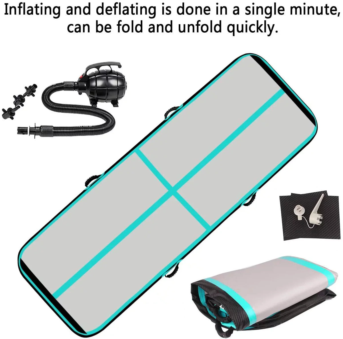 FBSPORT Air Track 20ft Inflatbale Gymnastic Mat, Carbon Fiber Material Exercise Tumbling Mat, Mint Green