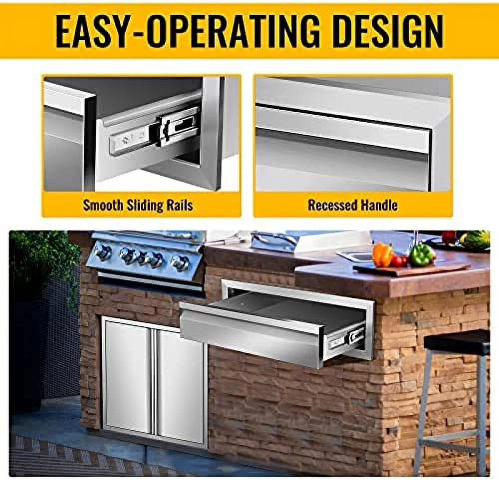 Outdoor Kitchen Drawers, Flush Mount Triple Access BBQ Drawers Stainless Steel With Handle, BBQ Island Drawers For Outdoor Kitchens Or Patio Grill Station,24W X 6.5H X 23D Inch